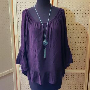 Flowy purple work office blouse with bell sleeves